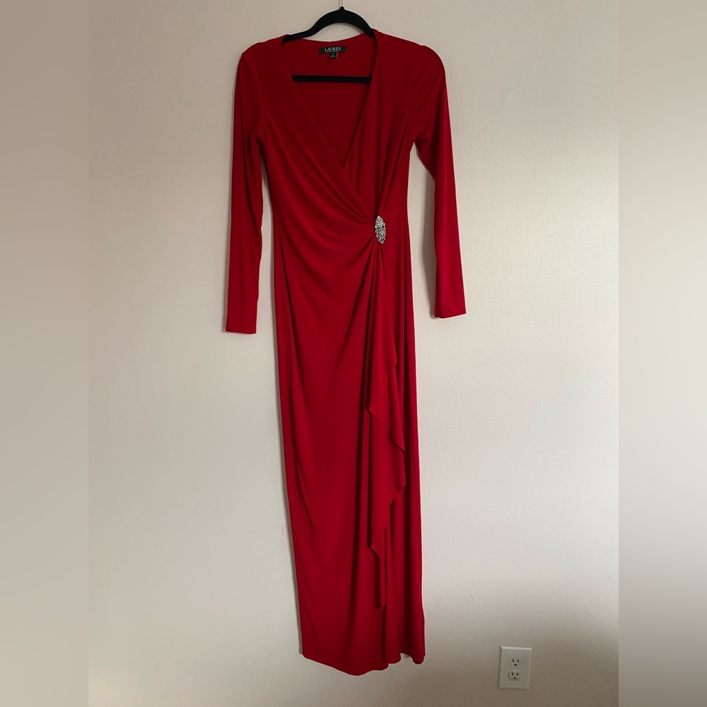 Ralph Lauren Red Long Sleeve Dress with Brooch